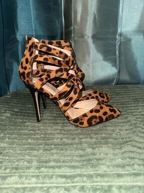 Anne Michelle Leopard Print Strappy Pointed-Toe High Heels - Brown/Black